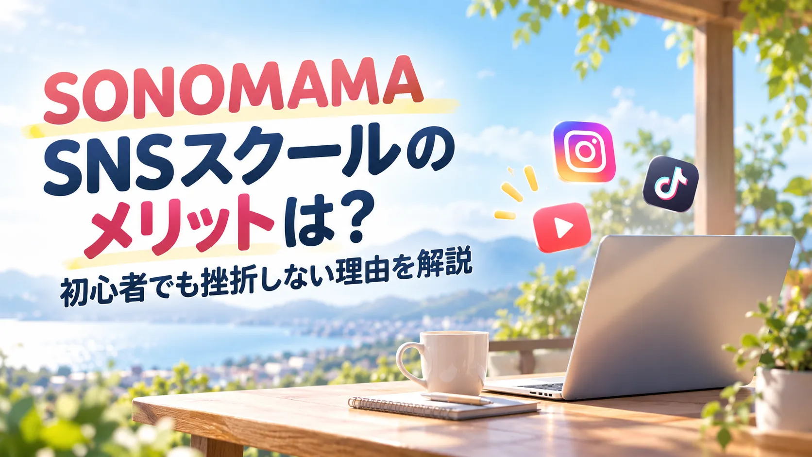 青空と湖を望む明るいテラスで、ノートパソコンとSNSアイコンが配置されたSONOMAMA SNSスクールのメリットを表すアイキャッチ画像。